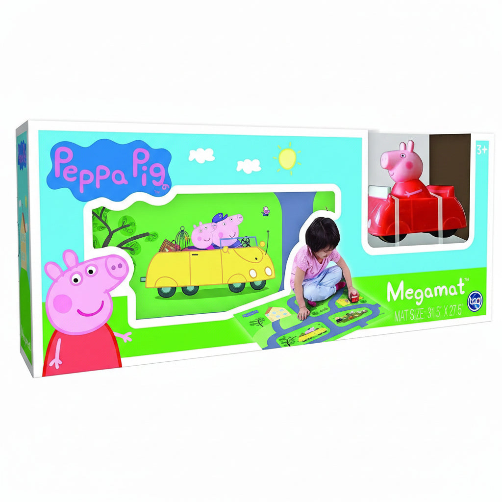 Confezione del Peppa Pig Megamat, con il tappeto da gioco illustrato, il veicolo rosso con Peppa Pig e la scatola originale in primo piano