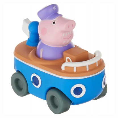 Veicolo giocattolo della barca di Nonno Pig della serie Peppa Pig, con lo scafo blu e marrone, le ruote e la statuetta del personaggio alla guida