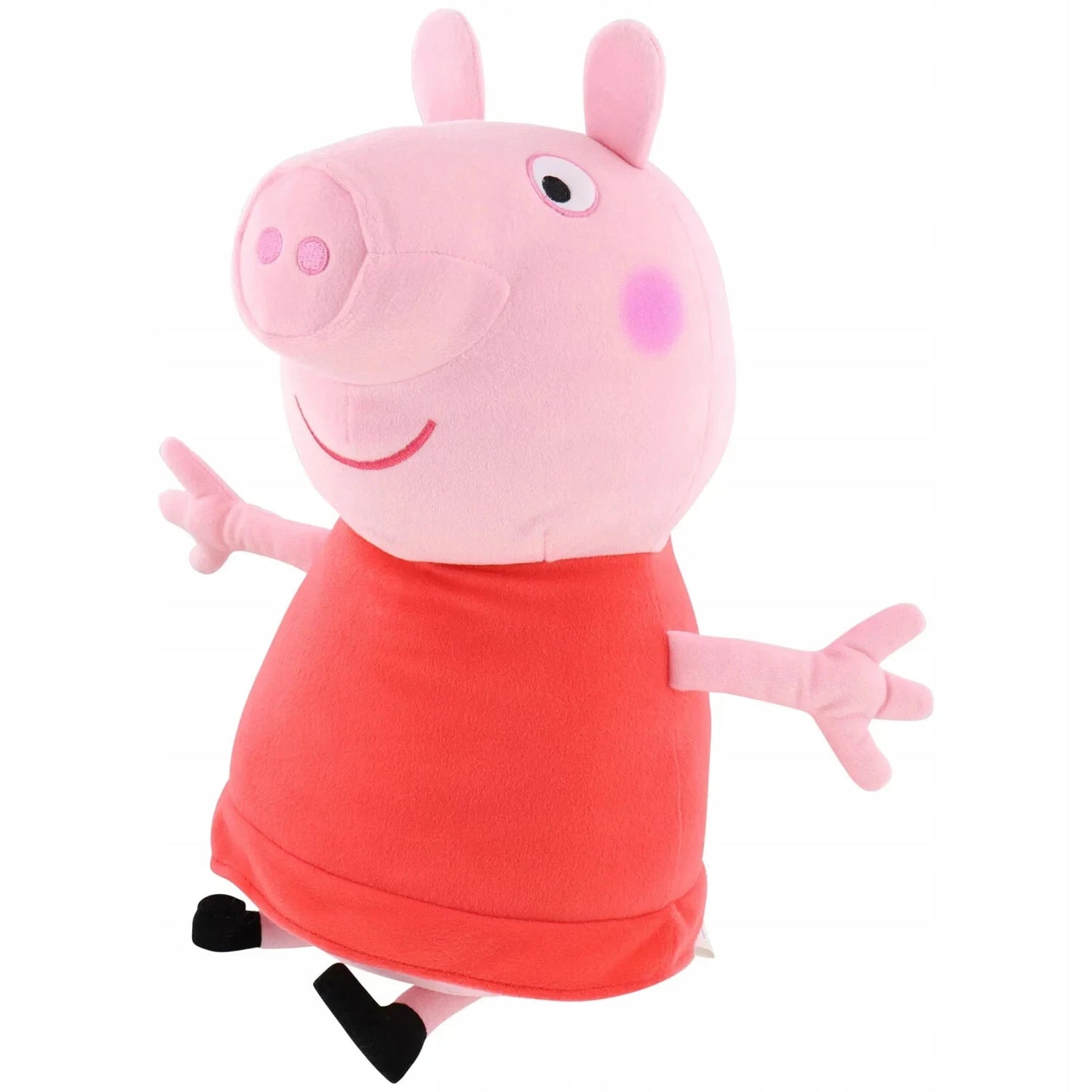 Peluche morbido di Peppa Pig con il classico vestitino rosso e le braccia aperte su sfondo bianco