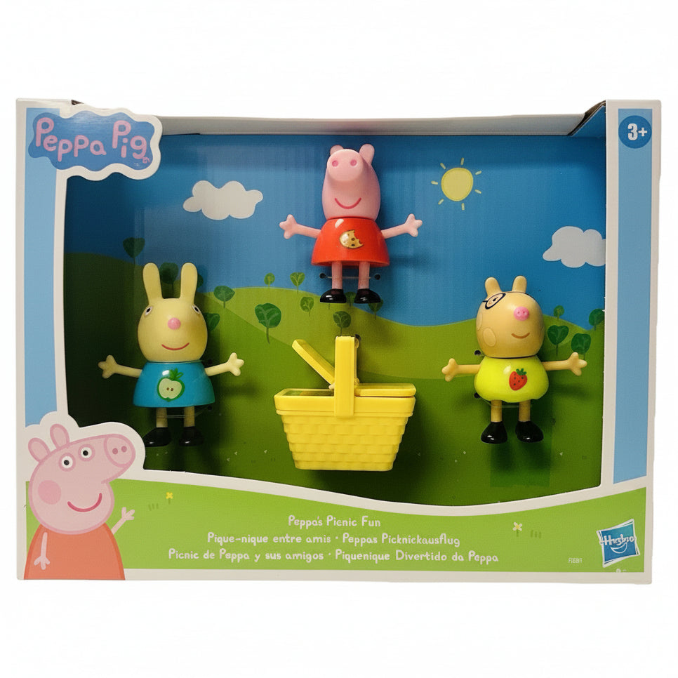 Confezione del giocattolo Peppa Pig Peppa's Picnic Fun di Hasbro, con le statuette dei personaggi e il cestino da picnic inclusi nella scatola originale