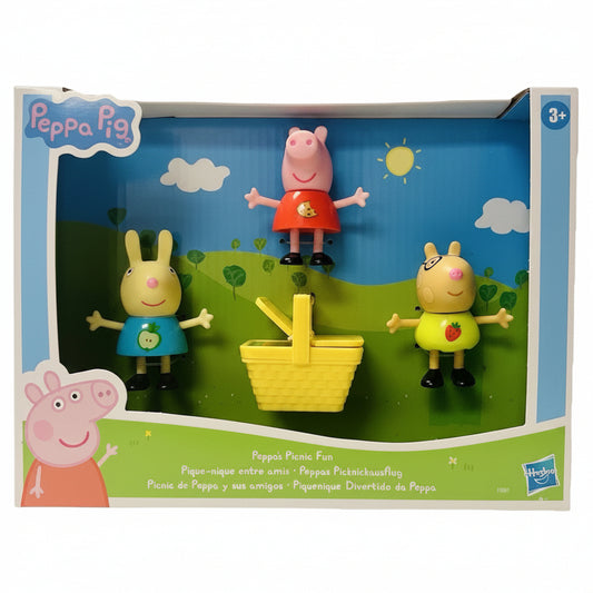 Confezione del giocattolo Peppa Pig Peppa's Picnic Fun di Hasbro, con le statuette dei personaggi e il cestino da picnic inclusi nella scatola originale