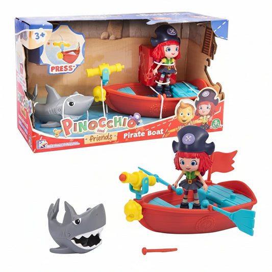 Confezione del set Pinocchio and Friends Pirate Boat con la barca pirata rossa, il personaggio, lo squalo giocattolo e la scatola originale