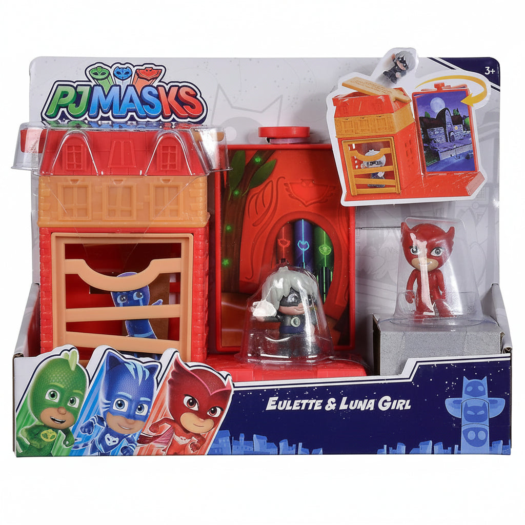 Confezione del set PJ Masks Eulette & Luna Girl, con la struttura del quartier generale, le action figure e gli accessori inclusi nella scatola originale Hasbro