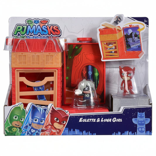 Confezione del set PJ Masks Eulette & Luna Girl, con la struttura del quartier generale, le action figure e gli accessori inclusi nella scatola originale Hasbro