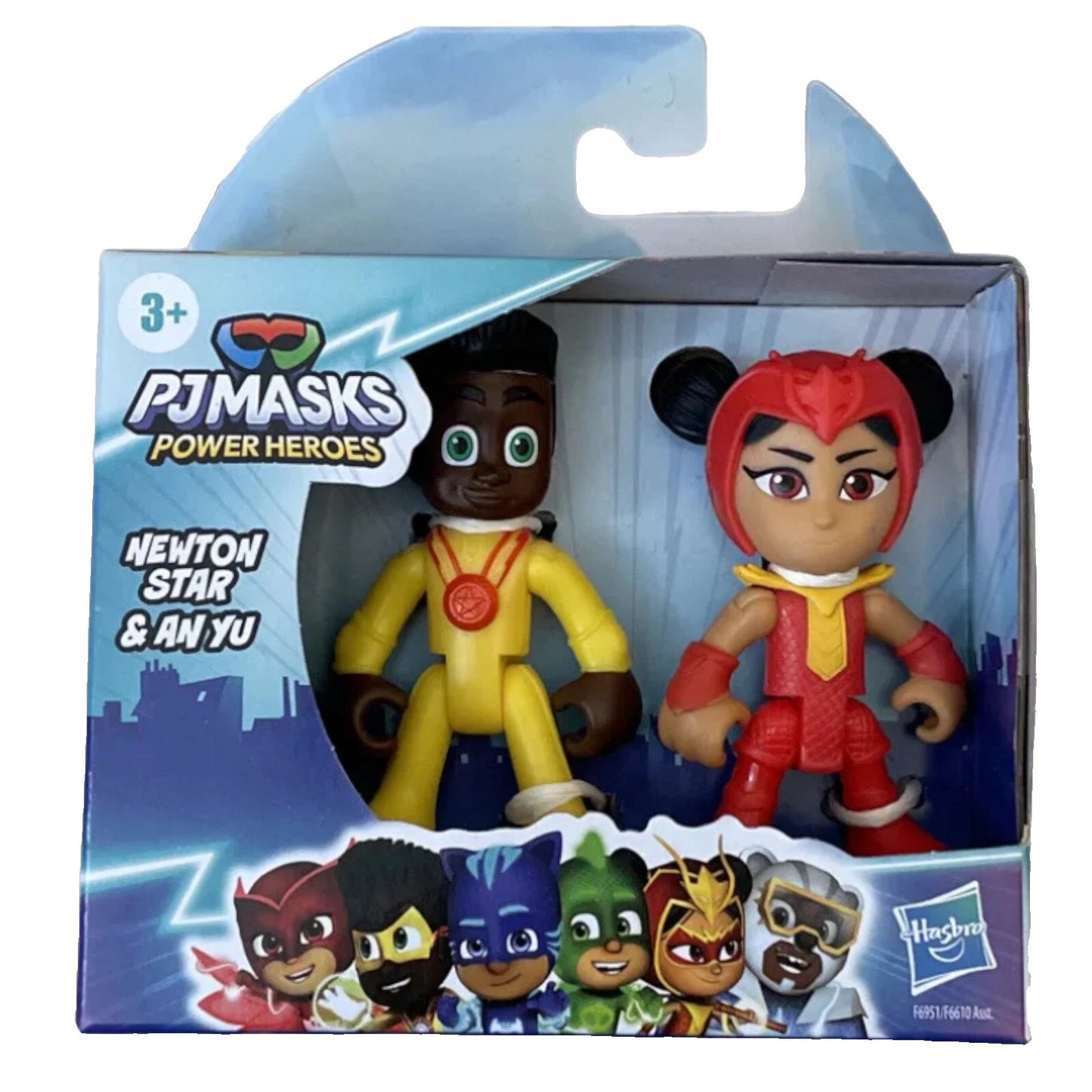 Confezione del set PJ Masks Power Heroes con le action figure di Newton Star e An Yu all'interno della scatola originale illustrata