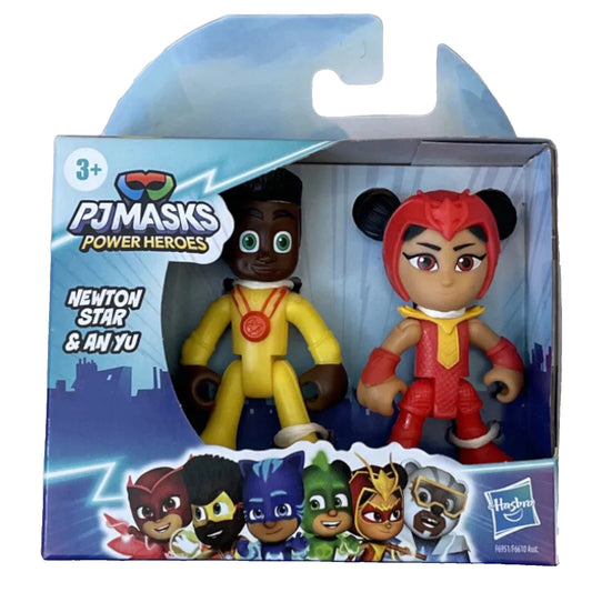 Confezione del set PJ Masks Power Heroes con le action figure di Newton Star e An Yu all'interno della scatola originale illustrata