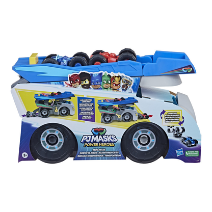 Confezione del PJ Masks Power Heroes Hero Hauler, il camion trasportatore blu e bianco con veicoli inclusi e illustrazioni della serie