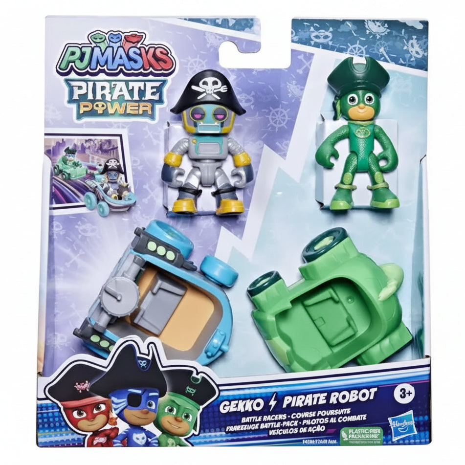 Confezione del set PJ Masks Pirate Power Gekko & Pirate Robot, con le action figure e i due veicoli inclusi nella scatola originale Hasbro