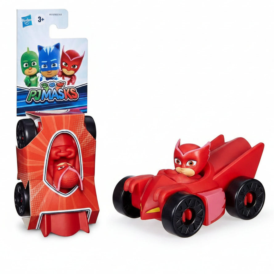 Confezione e veicolo rosso PJ Masks di Gufetta con action figure inclusa, affiancati alla scatola originale Hasbro