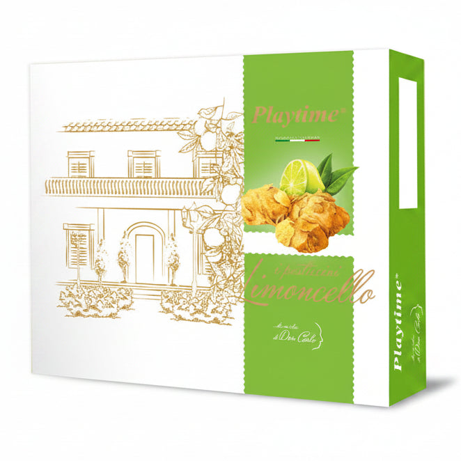 Confezione regalo Playtime Limoncello bianca e verde con illustrazioni dorate di una villa mediterranea e immagini di dolci con lime su sfondo bianco