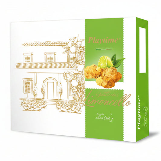 Confezione regalo Playtime Limoncello bianca e verde con illustrazioni dorate di una villa mediterranea e immagini di dolci con lime su sfondo bianco