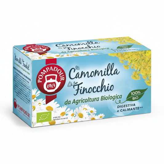 Confezione azzurra di Camomilla e Finocchio Pompadour da Agricoltura Biologica con illustrazioni di fiori di camomilla e finocchio su sfondo bianco