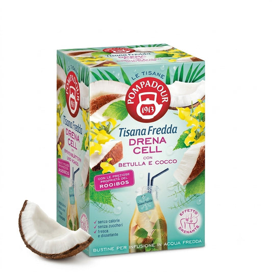 Confezione di Tisana Fredda Drena Cell Pompadour con Betulla e Cocco e pezzi di cocco fresco su sfondo bianco