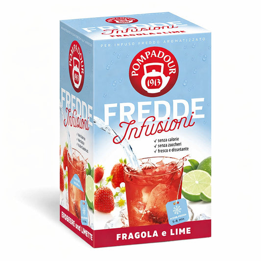 Confezione di Fredde Infusioni Pompadour Fragola e Lime con bicchiere di infuso freddo con ghiaccio, fragole fresche e lime su sfondo bianco