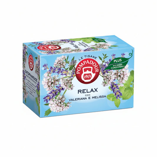 Confezione azzurra di Tisana Relax Pompadour con Valeriana e Melissa decorata con illustrazioni di fiori e piante officinali su sfondo bianco