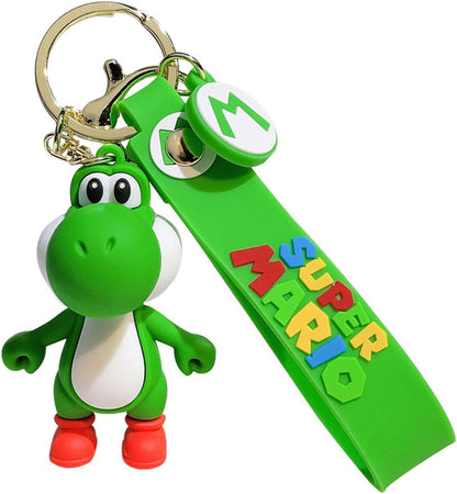 Portachiavi 3D di Yoshi da Super Mario in silicone verde e rosso con figura del personaggio e cordino con scritta Super Mario su sfondo bianco