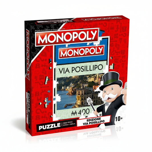 Confezione del Puzzle 1000 pezzi Monopoly Edizione Via Posillipo formato 50x66.5 cm con Mr. Monopoly e la celebre casella della via di Napoli