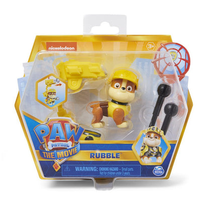 Confezione dell'action figure di Rubble da Paw Patrol The Movie di Spin Master, con la statuetta del cucciolo costruttore e i suoi accessori gialli e neri inseriti nella scatola originale a tema cinematografico