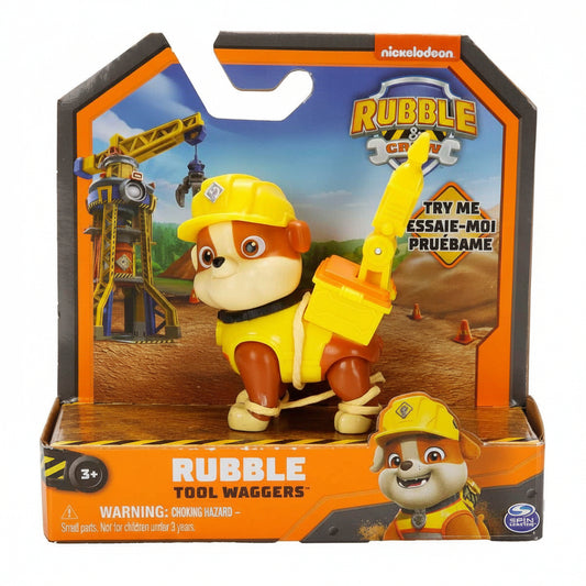 Confezione del giocattolo Rubble & Crew Rubble Tool Waggers di Spin Master, con la statuetta interattiva del cucciolo Rubble inserita nella sua scatola originale a tema cantiere