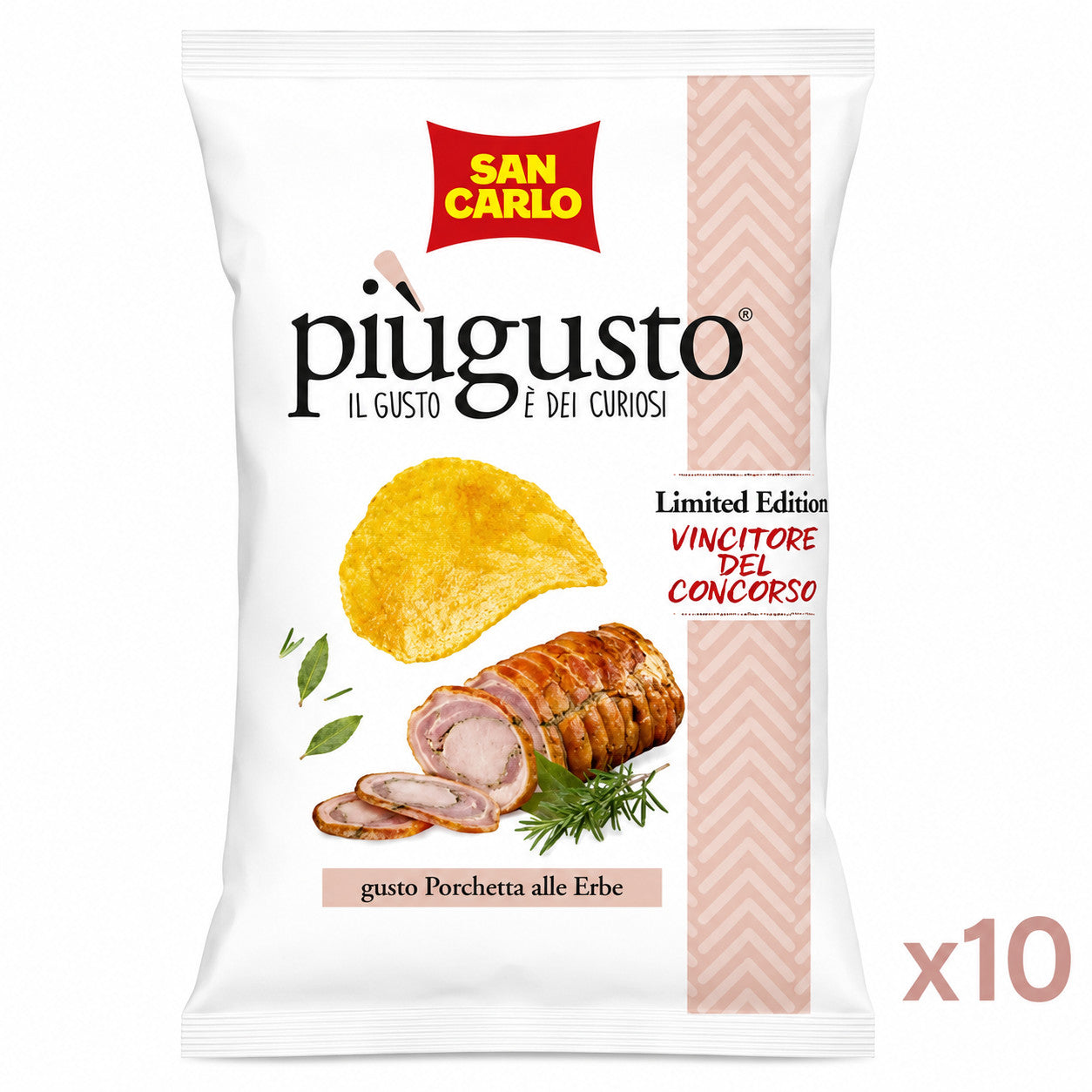 San Carlo Piùgusto 50 gr - Patatine Gusto Porchetta alle Erbe Limited Edition (10 pacchi)