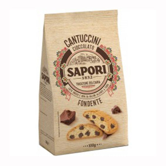 Confezione di Cantuccini Sapori 1832 al cioccolato fondente su sfondo neutro