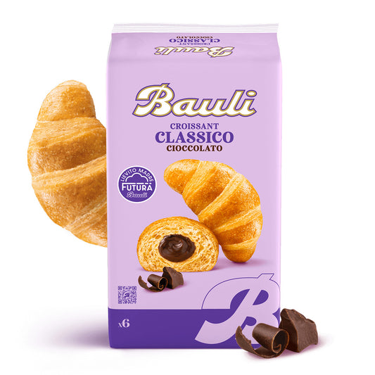 Confezione da 6 Croissant Bauli Classico ripieni al cioccolato su sfondo chiaro