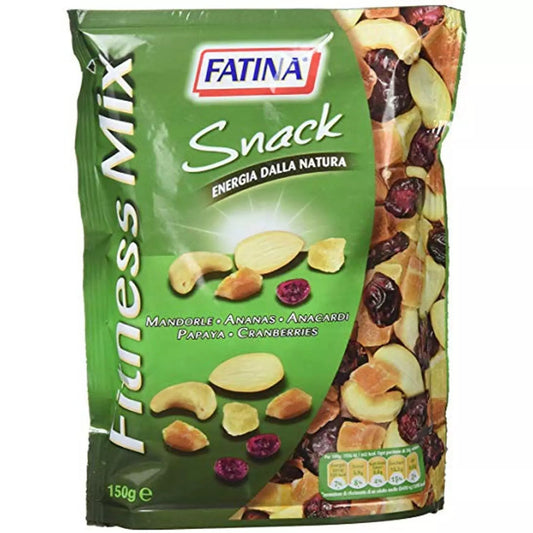 Confezione di Fatina Fitness Mix contenente un assortimento di mandorle, anacardi, ananas, papaya e cranberries su sfondo bianco.