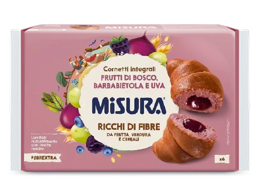 Confezione di Cornetti Integrali Misura Fibrextra ai frutti di bosco, barbabietola e uva, mostrati con un cornetto aperto su sfondo neutro