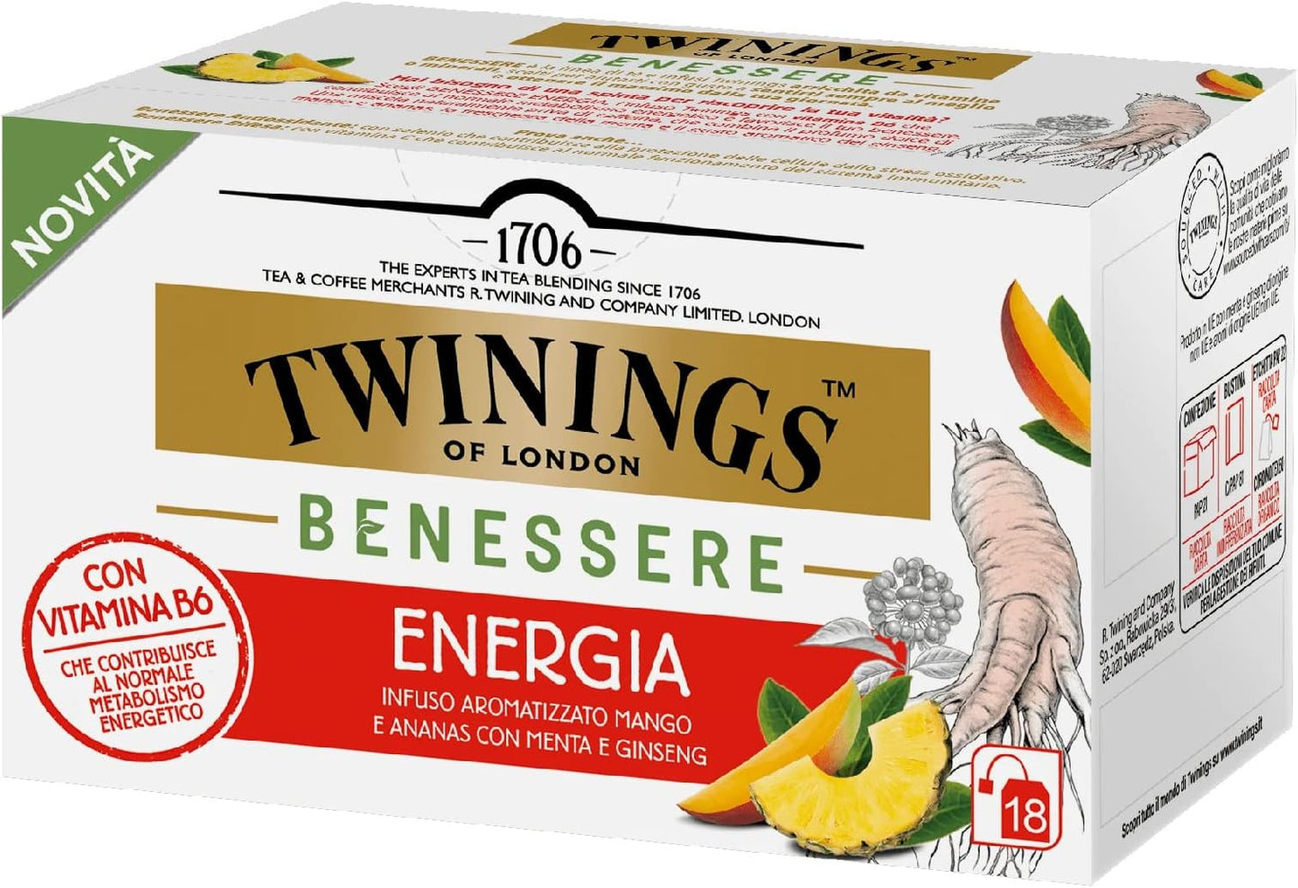 Twinings Benessere Energia con Vitamina B6 - Infuso Aromatizzato Mango, Ananas, Menta e Ginseng