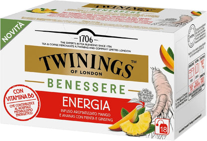 Twinings Benessere Energia con Vitamina B6 - Infuso Aromatizzato Mango, Ananas, Menta e Ginseng