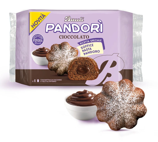 Confezione di Pandorì Bauli al Cioccolato e singolo dolcetto ripieno su sfondo chiaro