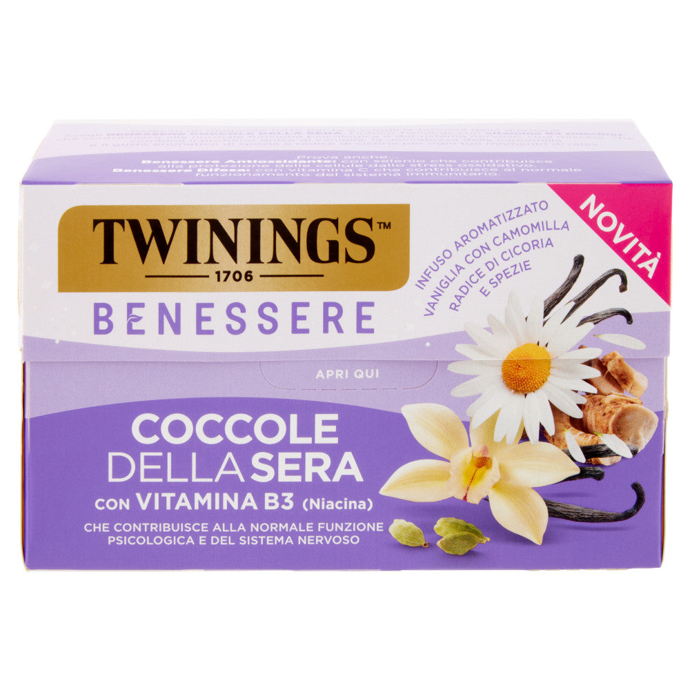 Twinings Benessere Coccole della Sera con Vitamina B3 - Infuso Aromatizzato Vaniglia, Camomilla, Radice di Cicoria e Spezie