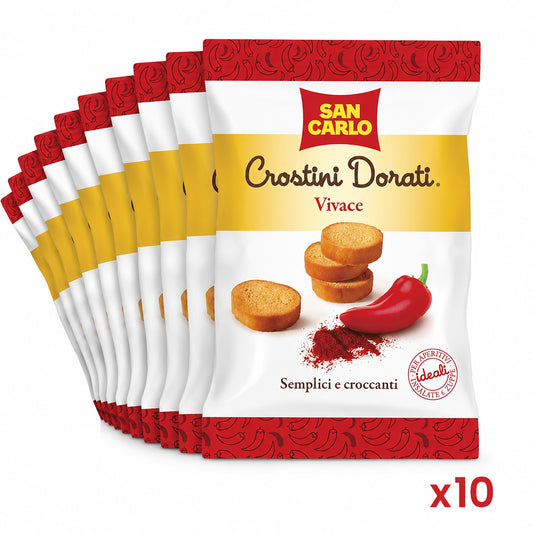 Set di 10 confezioni di crostini San Carlo Vivace al peperoncino disposte a ventaglio su sfondo neutro