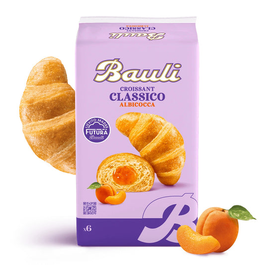 Confezione da 6 Croissant Bauli Classico ripieni all'albicocca su sfondo chiaro