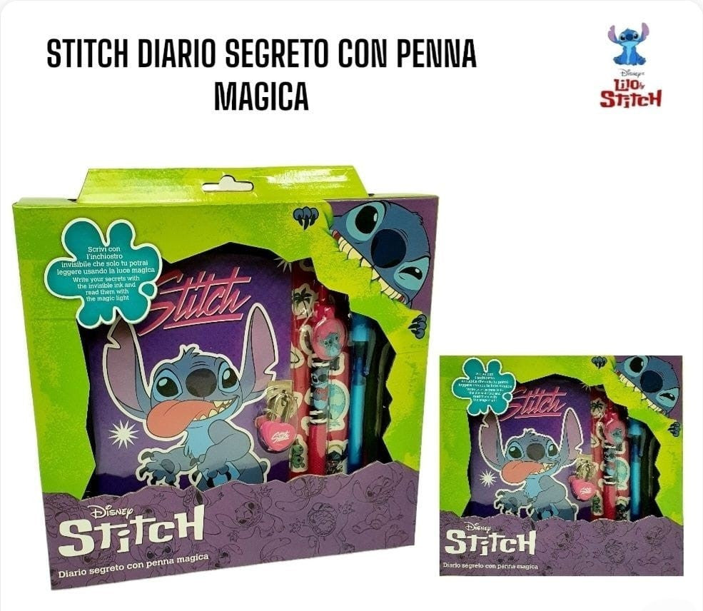 Confezione regalo del diario segreto Disney Stitch con penna magica a inchiostro invisibile e lucchetto a cuore su sfondo bianco