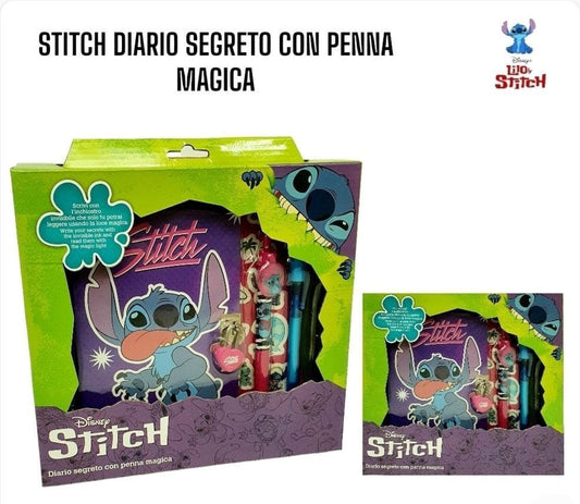 Confezione regalo del diario segreto Disney Stitch con penna magica a inchiostro invisibile e lucchetto a cuore su sfondo bianco