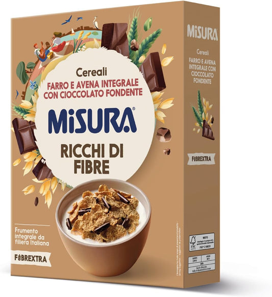 Confezione di cereali Misura Fibrextra con farro, avena integrale e cioccolato fondente, mostrata insieme a una ciotola di cereali nel latte su sfondo neutro
