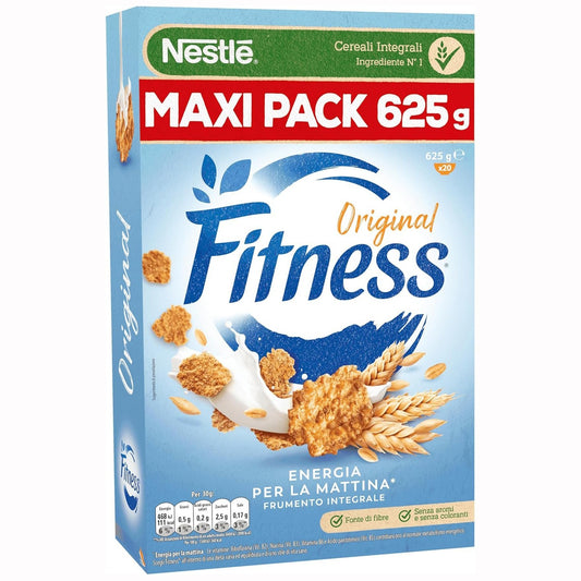 Confezione di cereali Nestlé Fitness Original Maxi Pack (625g), mostrata con fiocchi di cereali e latte su sfondo neutro