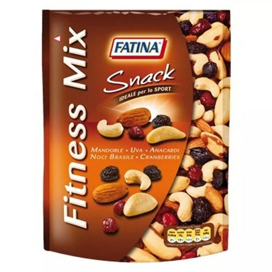 Confezione di Fatina Fitness Mix con un assortimento di mandorle, uva, anacardi, noci brasiliane e cranberries su sfondo bianco.