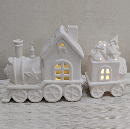 Treno Decorazione Luminoso con Vagone e Orsetto Luci Ceramica Bianca Natale 2026