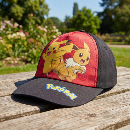Pokémon - Cappellino 55cm con Visiera Nero e Rosso a Tema Pikachu ed Eevee