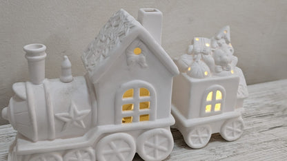 Treno Decorazione Luminoso con Vagone e Orsetto Luci Ceramica Bianca Natale 2026