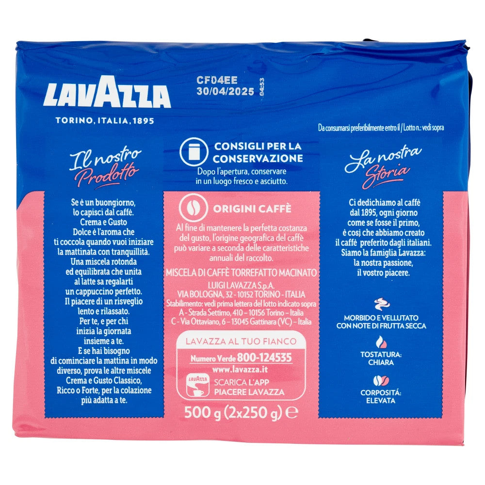 Lavazza Crema e Gusto Dolce – Caffè Macinato 2×250g – Risveglio Morbido, Intensità 6/10