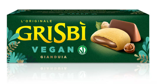 Confezione di biscotti Grisbì Vegan al gianduia Matilde Vicenzi con biscotto aperto mostrante la crema, su sfondo neutro