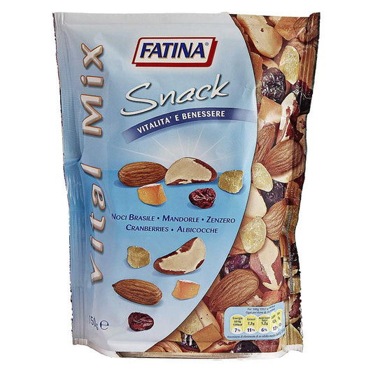 Confezione di Fatina Vital Mix contenente un assortimento di noci brasiliane, mandorle, zenzero, cranberries e albicocche su sfondo bianco.