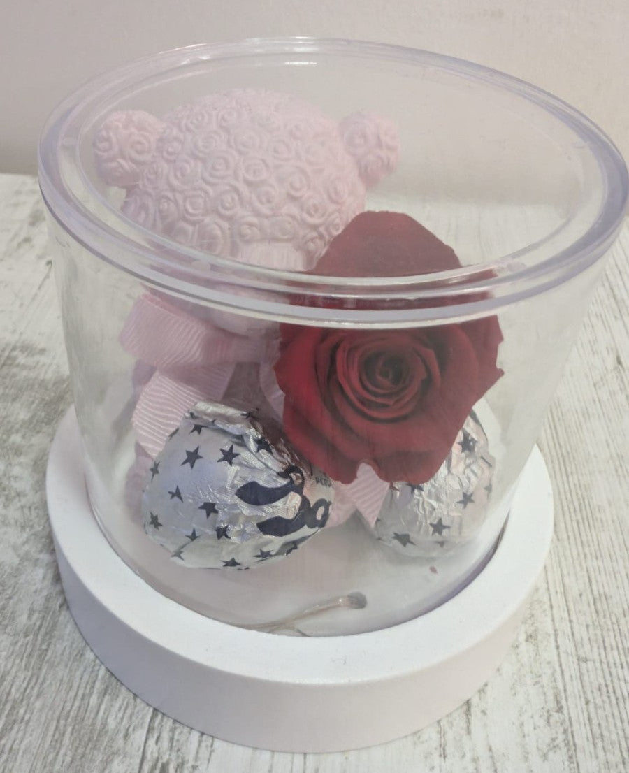 Cofanetto in Acrilico con Orsetto, Rosa Stabilizzata e Cioccolatini su Base Luminosa