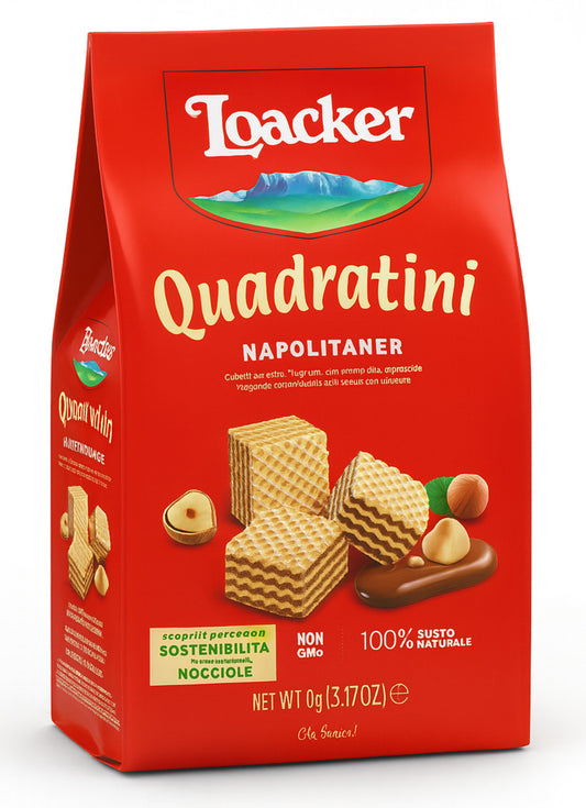 Confezione di Loacker Quadratini Napolitaner con i tipici wafer a cubetti, nocciole intere e crema alle nocciole su sfondo neutro