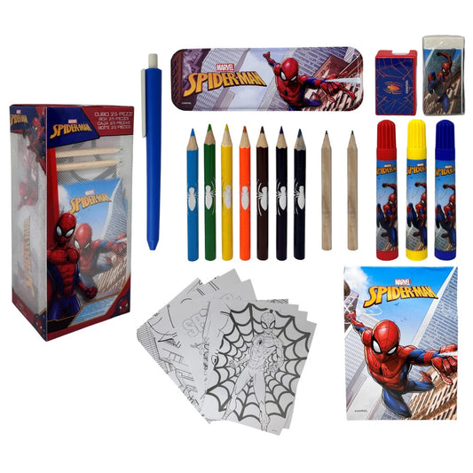 Spiderman Marvel Spider-Man - Cubo Set Cancelleria 25 Pezzi con Astuccio in Latta e Accessori