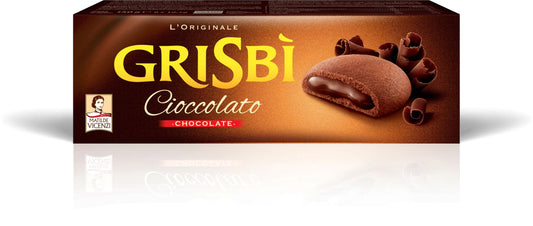 Confezione di biscotti Grisbì al cioccolato Matilde Vicenzi con biscotto aperto su sfondo neutro