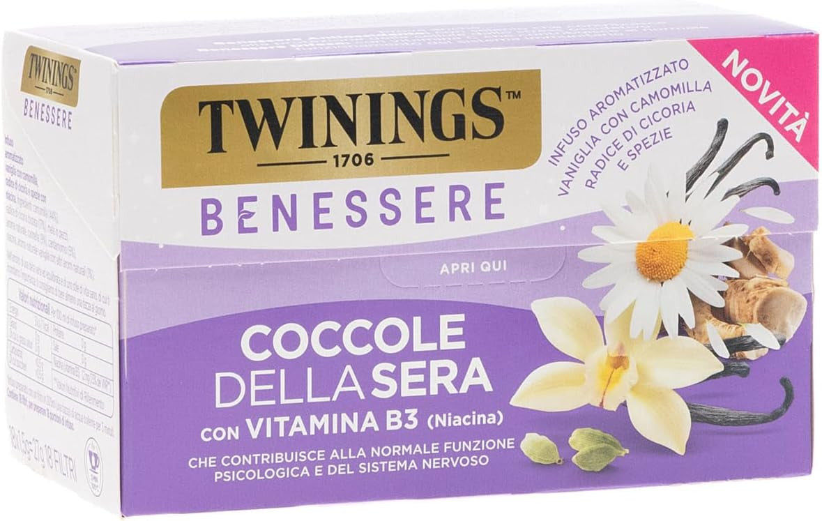 Twinings Benessere Coccole della Sera con Vitamina B3 - Infuso Aromatizzato Vaniglia, Camomilla, Radice di Cicoria e Spezie